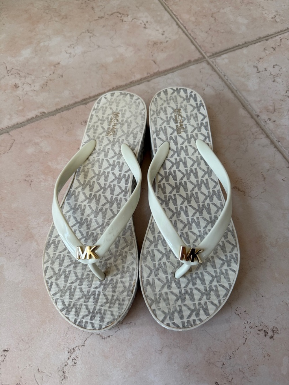Michael Kors Beige/White MK Logo Flip Flop Sandals